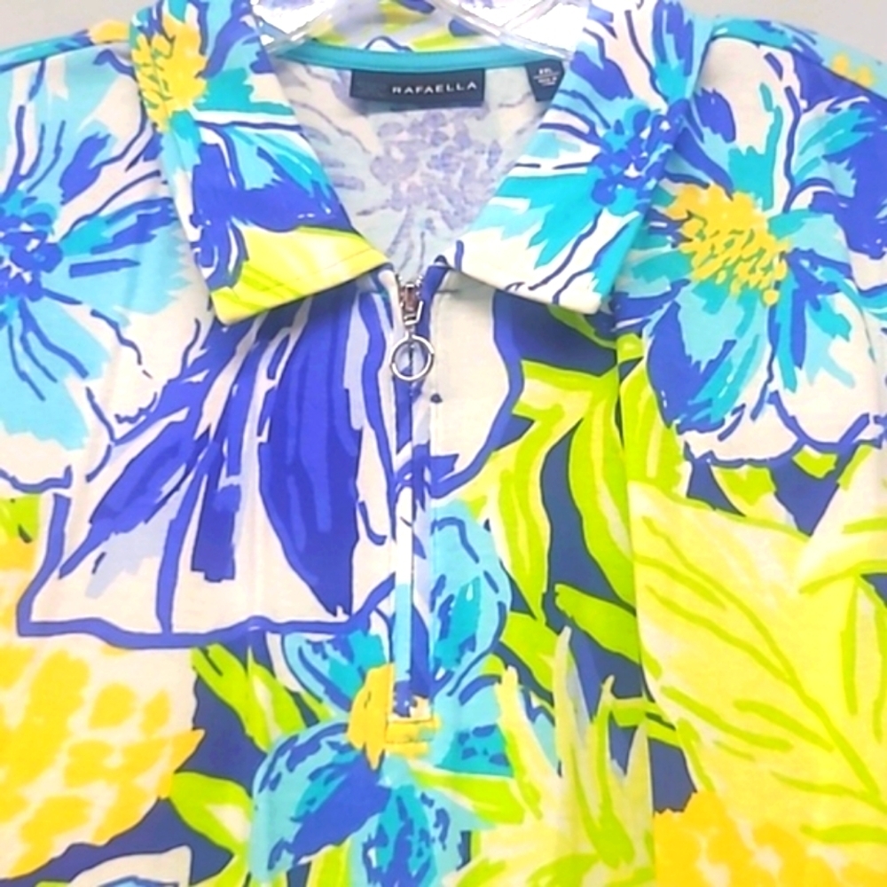 Vest Zippered Tropical Floral Print Oversized Tunic Blue Yellow